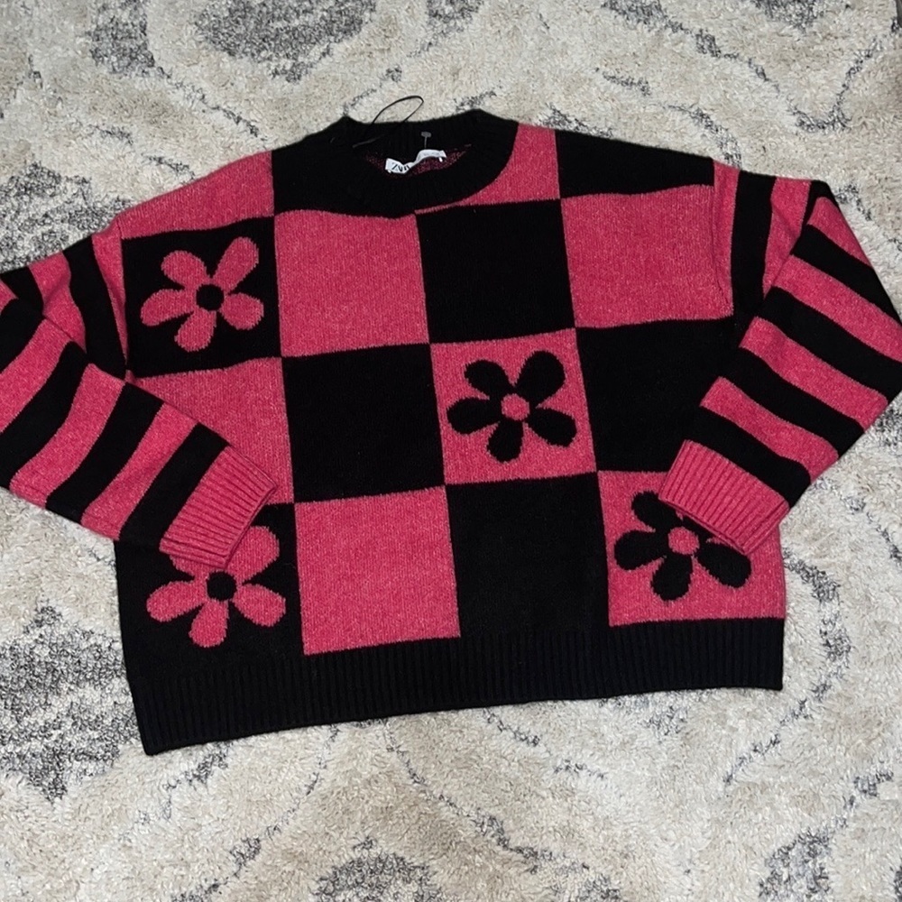 Zara warm Cozy Floral Printed Checkered OverSize Crewneck Sweater - Picture 4 of 12